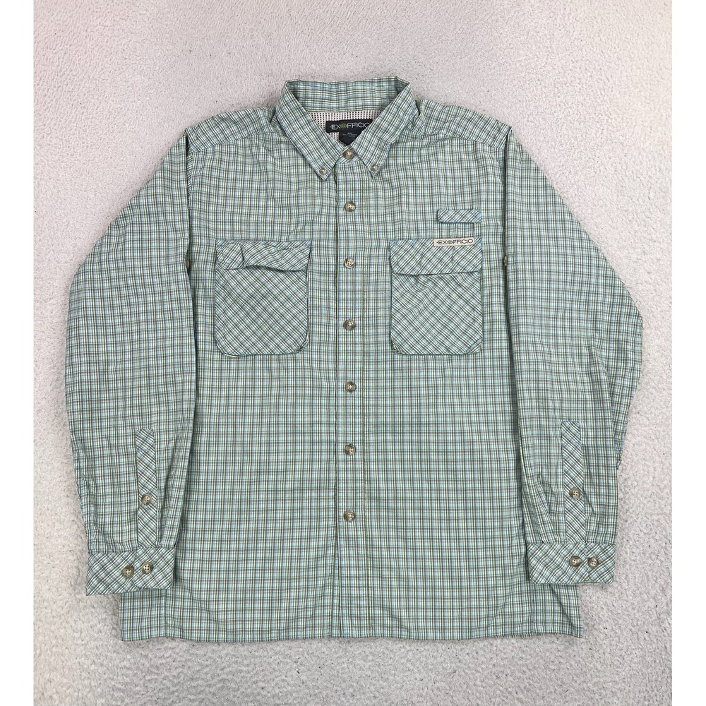 ExOfficio Shirt Mens Large Green Plaid Nylon LS Vented Button Up Outdoor Travel